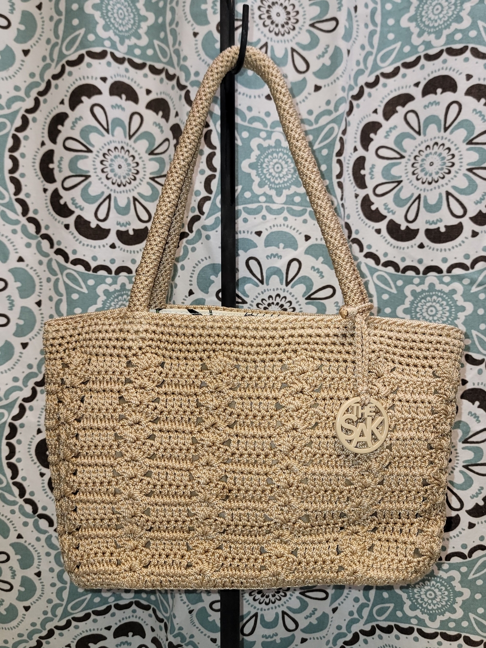 The Sak Tan Crochet Floral Tote Shoulder Bag Boho Y2K Silky Knit